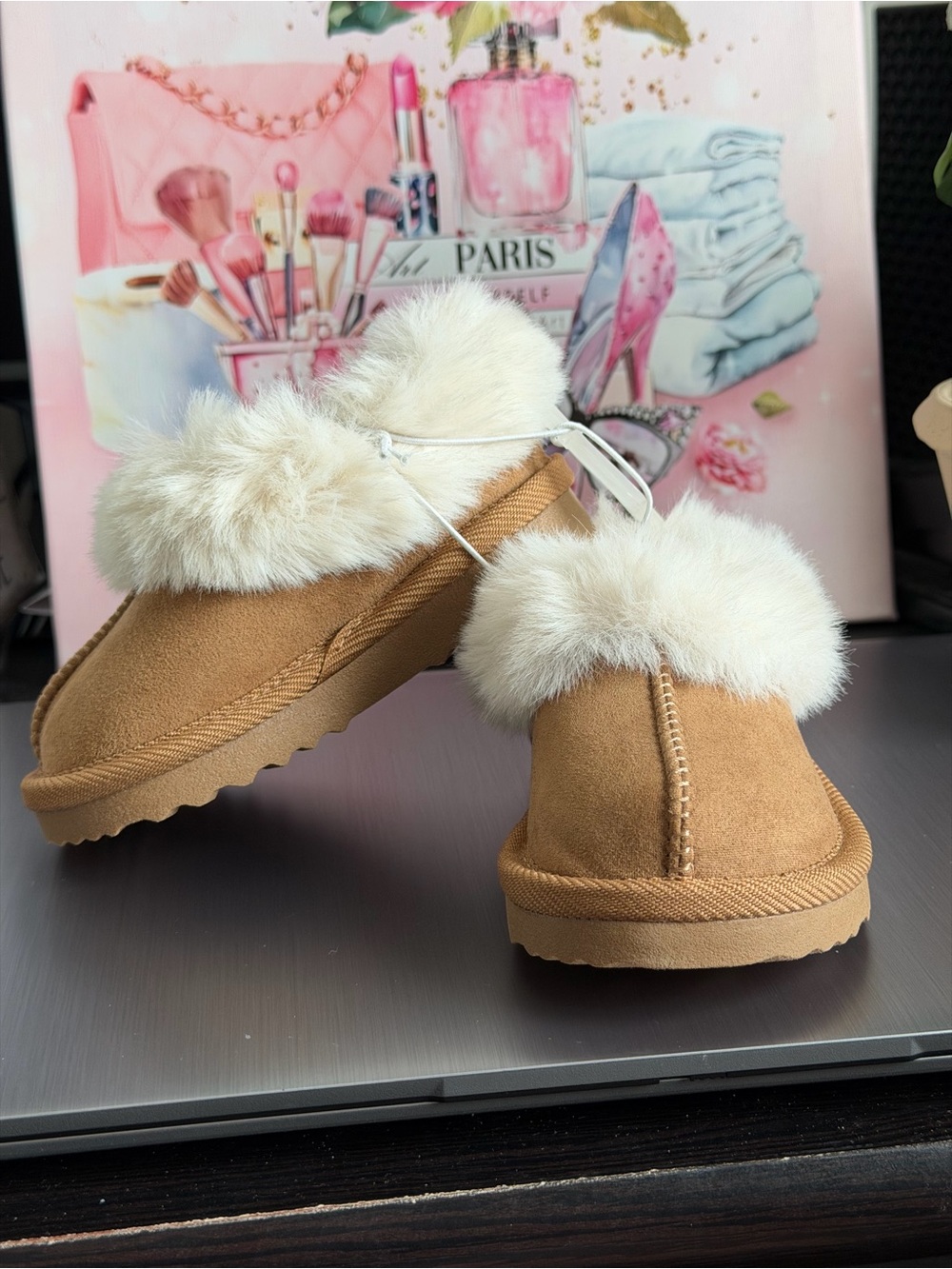 Cat & Jack Tan Slip-On Slippers with Cream Faux-Fur Trim
